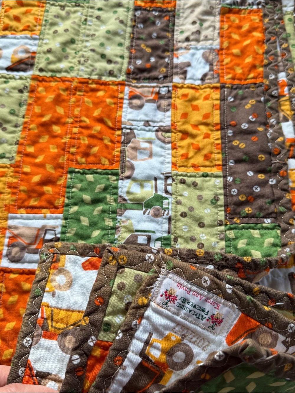 Handmade Patchwork Baby Quilt - Orange, Green, Brown 46”x54”